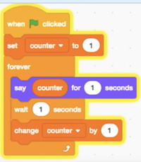 blocks labeled "set counter to 1", "forever", "say counter for 1 seconds", "wait 1 seconds", "change counter by 1"