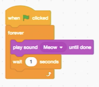 blocks labeled "play sound Meow until done" and "wait 1 second", nested inside a block that is labeled "forever"