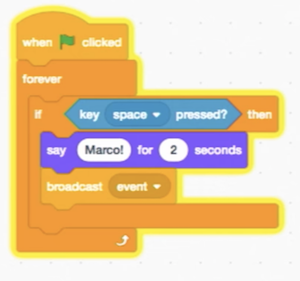 blocks labeled "forever", "if key space pressed? then", "say Marco for 2 seconds", "broadcast event"