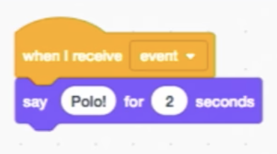blocks labeled "when I receive event", "say Polo for 2 seconds"