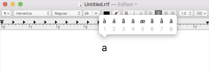 text editor with various options for accent marks over the letter a