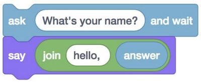 block labeled 'ask (What's your name?) and wait', block labeled 'say (join (hello, ) (answer))'